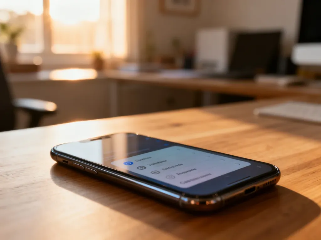 Nowoczesny smartfon leżący na drewnianym biurku, symbolizujący proces sprawdzania ustawień telefonu.