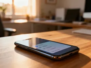 iPhone 13 na białym biurku z bezprzewodowymi słuchawkami i kablem, w minimalistycznym, jasno oświetlonym biurze