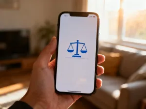 Nowoczesny smartfon leżący na drewnianym biurku w tle sklepu z elektroniką, sugerujący miejsce sprzedaży urządzenia.