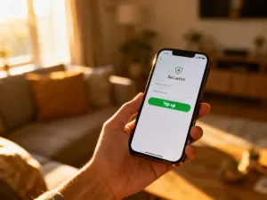 Nowoczesny smartfon z ikoną tarczy na ekranie, symbolizującą prywatność i bezpieczeństwo podczas korzystania z telefonu.
