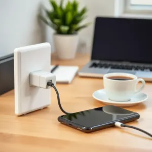 Nowoczesny smartfon z wyświetlonym interfejsem zużycia danych, leżący na drewnianym biurku.