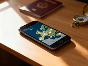 Dłoń trzymająca nowoczesny smartfon z widoczną siatką ikon aplikacji na ekranie głównym w przytulnym biurze.