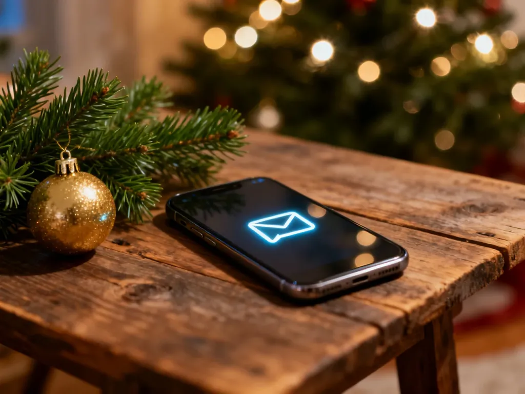 Nowoczesny smartfon z ikoną wiadomości na drewnianym stole, otoczony gałązką sosny i złotą bombką w świątecznym klimacie.