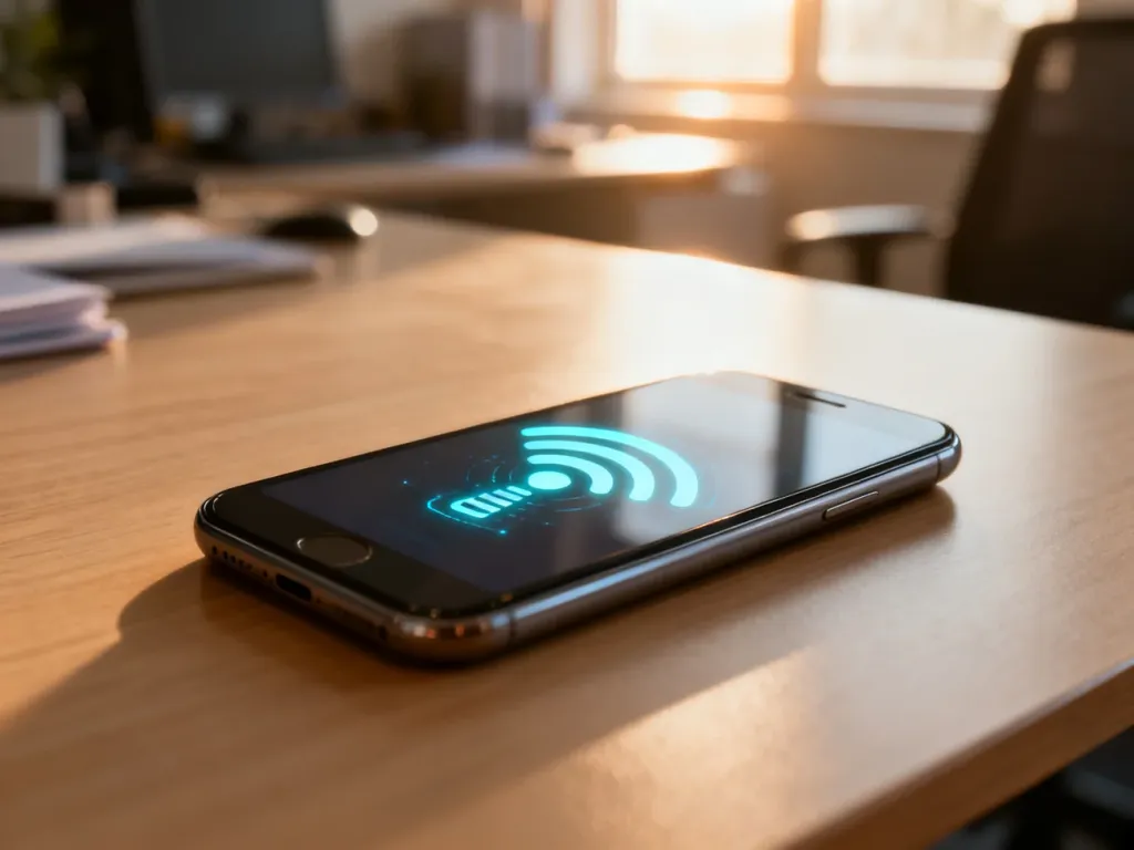 Nowoczesny smartfon z ikoną zasięgu sieci na ekranie, leżący na minimalistycznym biurku w słonecznym biurze.