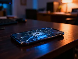 Nowoczesny smartfon na ciemnym biurku z ikoną sygnału, symbolizujący prywatność i anonimową komunikację cyfrową.