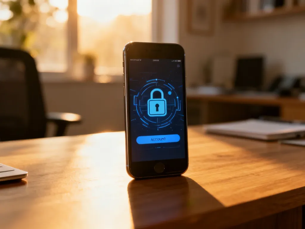 Nowoczesny smartfon na biurku z ikoną zabezpieczeń na ekranie, symbolizujący dostęp do ustawień konta użytkownika.