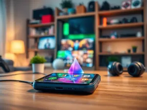 Nowoczesny smartfon z ikoną połączenia na ekranie, leżący na drewnianym biurku w jasnym domowym biurze.