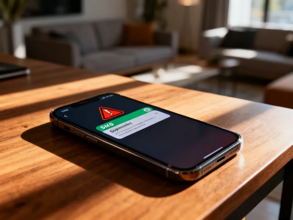 Smartfon na drewnianym biurku z powiadomieniem o podejrzanym SMS-ie, ostrzegającym przed oszustwem kurierskim.