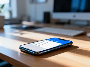 Smartfon z ikoną tarczy na ekranie, symbolizującą prywatność i bezpieczeństwo numeru telefonu na drewnianym biurku.