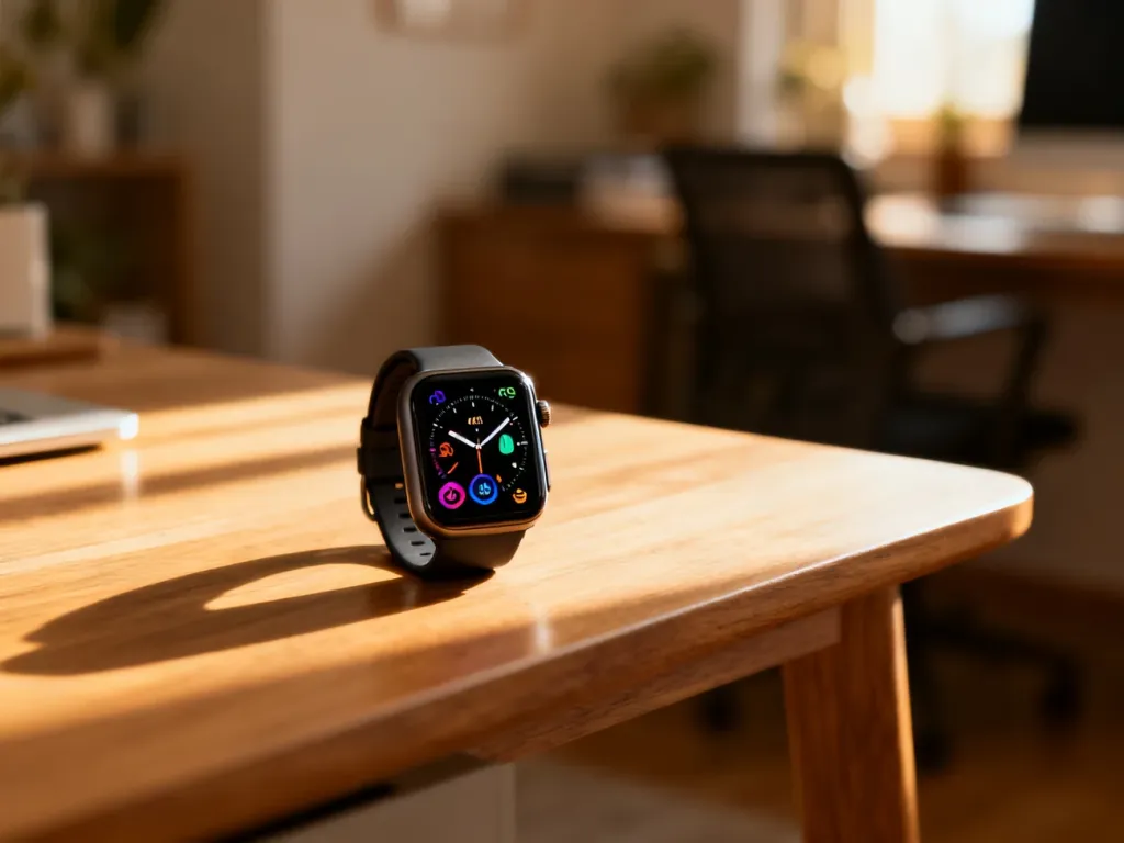 Nowoczesny smartwatch z kolorowym ekranem spoczywający na drewnianym biurku w domowym biurze.