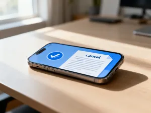 Nowoczesny smartfon z ikoną tarczy na ekranie, symbolizujący proces weryfikacji statusu ratalnego urządzenia.