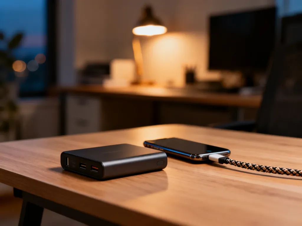 Powerbank o pojemności 20000 mAh ładujący smartfon na biurku w przytulnym domowym biurze.