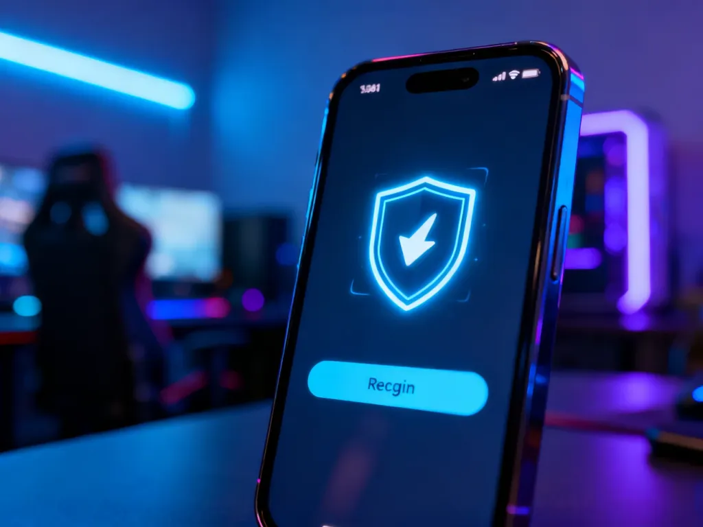 Smartfon z ikoną tarczy i strzałką odzyskiwania na ekranie, symbolizujący proces przywracania dostępu do konta w grze.