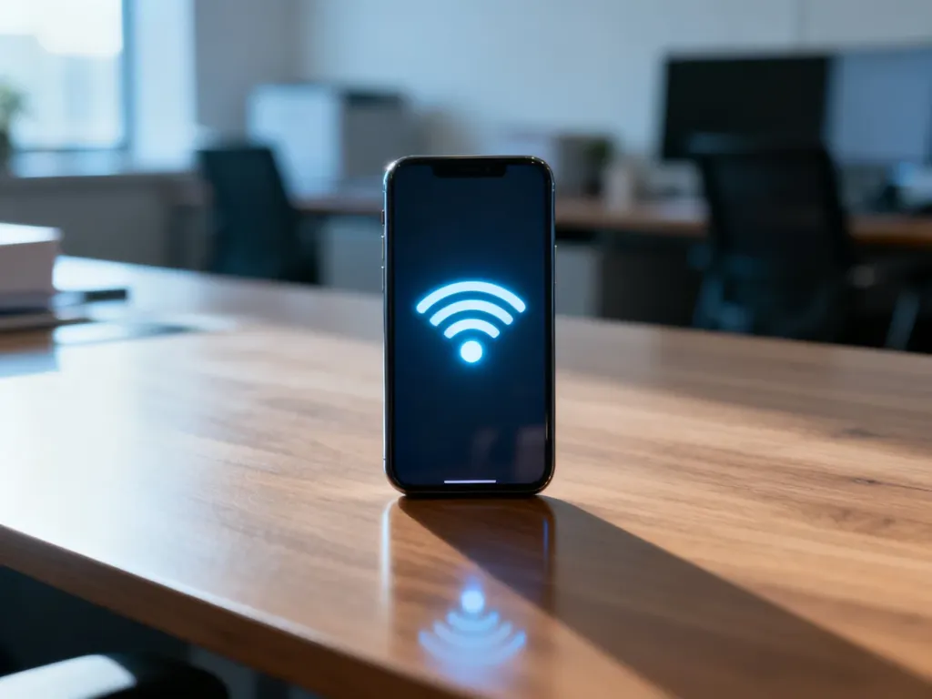 Nowoczesny smartfon z ikoną zasięgu na drewnianym biurku, symbolizujący łatwy kontakt z obsługą klienta.