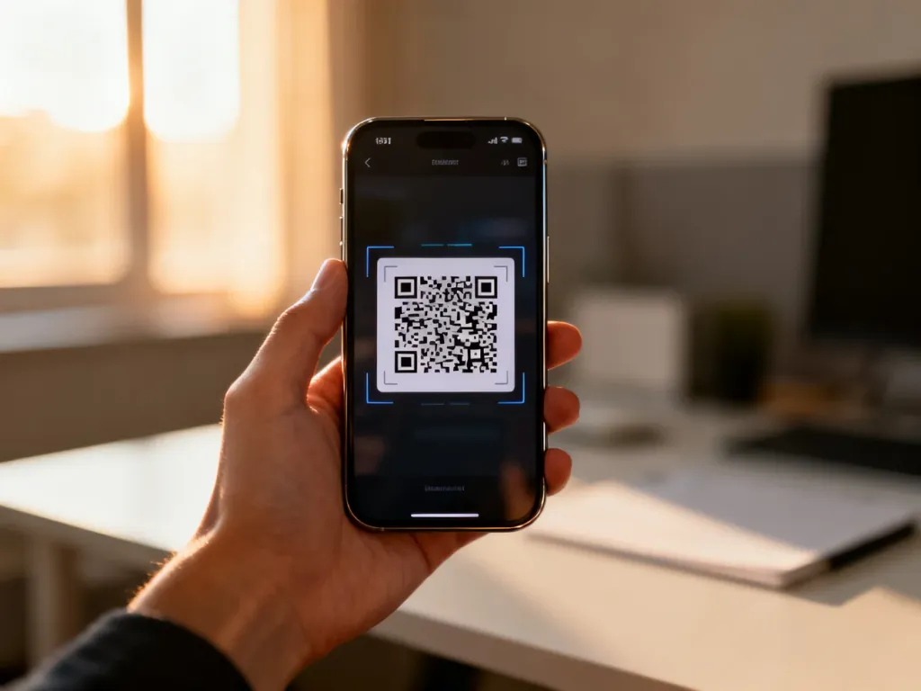 Dłoń trzymająca smartfon z włączonym skanerem kodów QR, służącym do aktywacji karty eSIM.