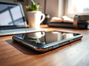 Dłoń trzymająca smartfon z widocznymi ustawieniami sieci na tle lotniska, symbolizująca gotowość do korzystania z roamingu.