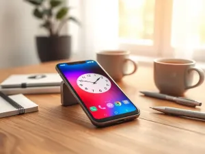 Nowoczesny smartwatch z kolorowymi ikonami fitness i wykresem tętna na ekranie, leżący na drewnianym biurku.