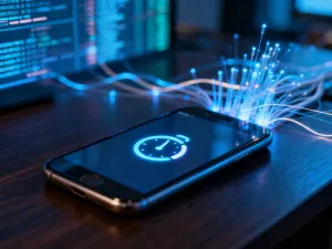 Smartfon z interfejsem usług mobilnych na drewnianym biurku, symbolizujący sprawdzanie stanu konta w T-Mobile.