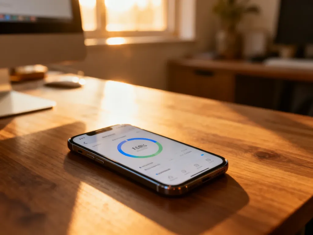 Smartfon leżący na biurku z widocznym interfejsem zużycia danych, ilustrujący sprawdzanie pozostałego pakietu internetu.