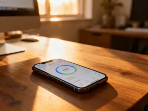 Ekran smartfona z nowoczesnym interfejsem aplikacji mobilnej prezentujący podsumowanie stanu konta.