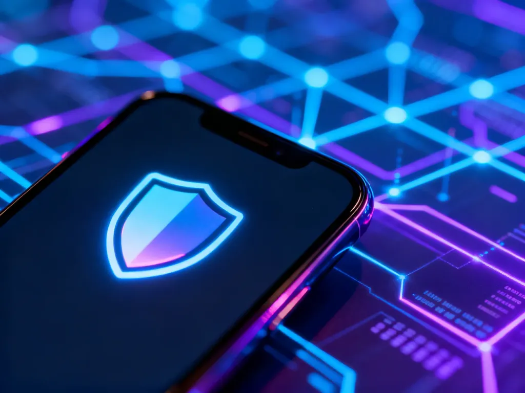 Nowoczesny smartfon z ikoną tarczy na ekranie, symbolizujący bezpieczne połączenie VPN i ochronę prywatności w sieci.