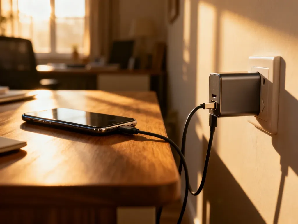 Nowoczesny smartfon podłączony do uniwersalnej ładowarki USB-C na drewnianym biurku w domowym biurze.