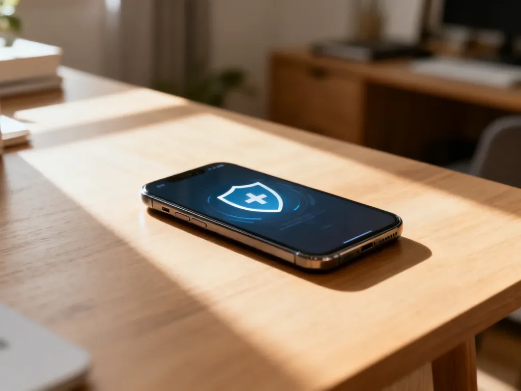 Smartfon z ikoną tarczy na ekranie, symbolizującą prywatność i bezpieczeństwo numeru telefonu na drewnianym biurku.