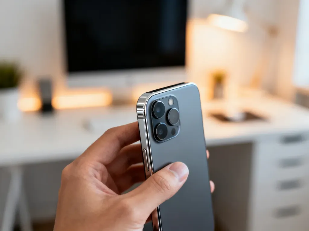 Nowoczesny smartfon Motorola trzymany w dłoni na tle jasnego biura, podkreślający elegancki design i moduł aparatu.