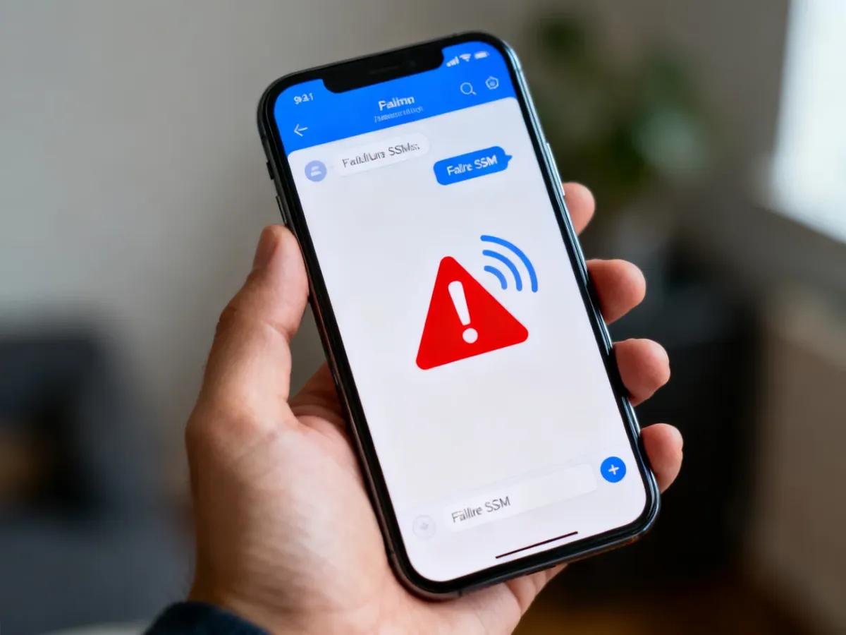 Smartfon z niedostarczoną wiadomością SMS oznaczoną czerwonym wykrzyknikiem