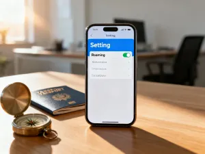 Nowoczesny smartfon leżący na drewnianym biurku w jasnym, uporządkowanym biurze domowym.