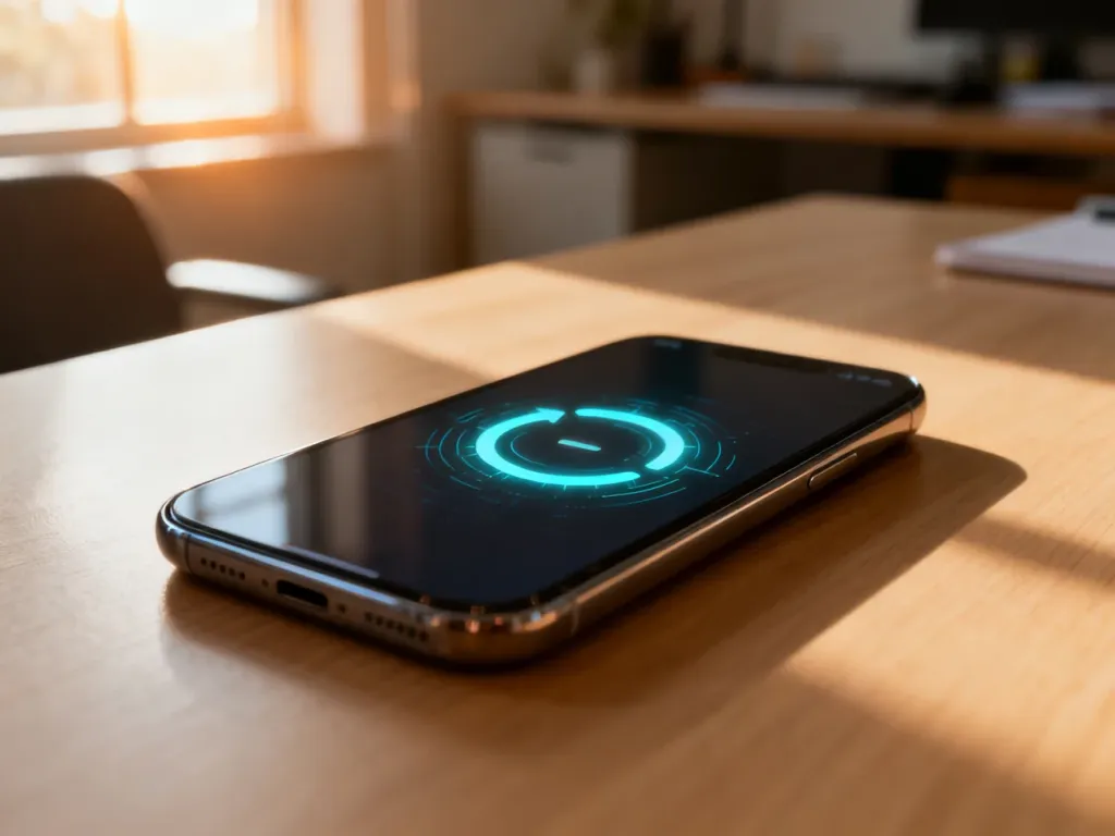 Nowoczesny smartfon na drewnianym biurku z wyświetlonym symbolem resetowania systemu, symbolizujący przywracanie ustawień.