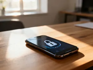 Smartfon z otwartą aplikacją do płatności i widocznym przyciskiem doładowania konta w przytulnym, domowym wnętrzu.