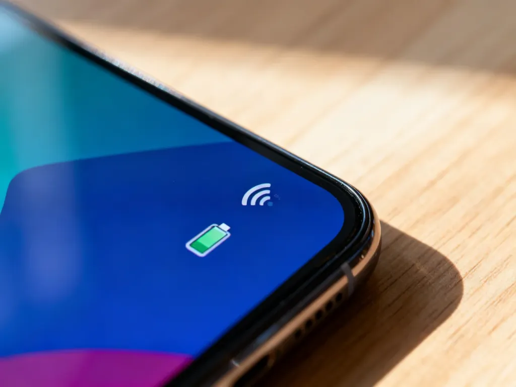 Zbliżenie na ekran smartfona z widocznymi ikonami Wi-Fi, baterii i zasięgu na tle drewnianego biurka.