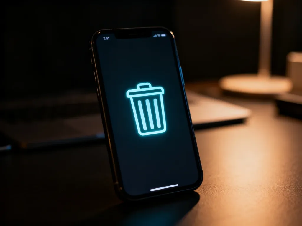 Ikona cyfrowego kosza na ekranie nowoczesnego smartfona w wieczornym oświetleniu.