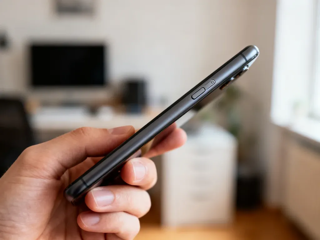 Dłoń trzymająca smartfon Motorola, ze szczególnym uwidocznieniem przycisku zasilania na bocznej krawędzi obudowy.