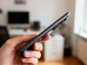 Nowoczesny smartfon z widocznym na ekranie polem do wpisania kodu PUK, leżący na minimalistycznym drewnianym biurku.