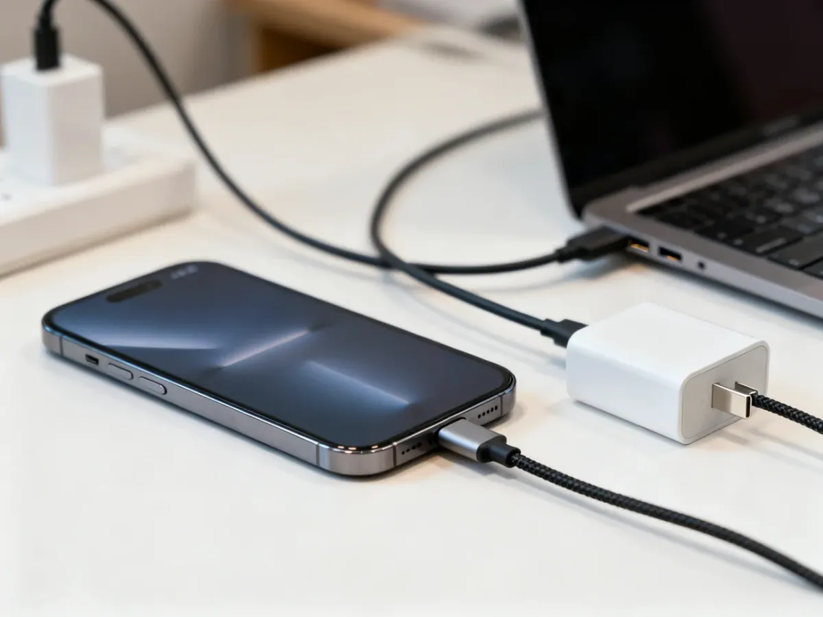 Smartfon podłączony do ładowarki i kabla USB-C na biurku