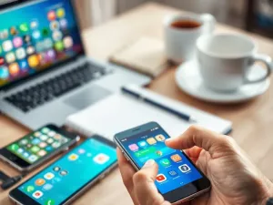 Dłoń trzymająca smartfon z otwartą aplikacją do płatności online na tle przytulnego domowego biura.