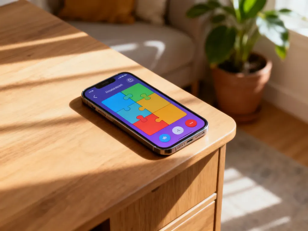 Nowoczesny smartfon z kolorową grą logiczną na ekranie, leżący na drewnianym biurku w przytulnym wnętrzu.