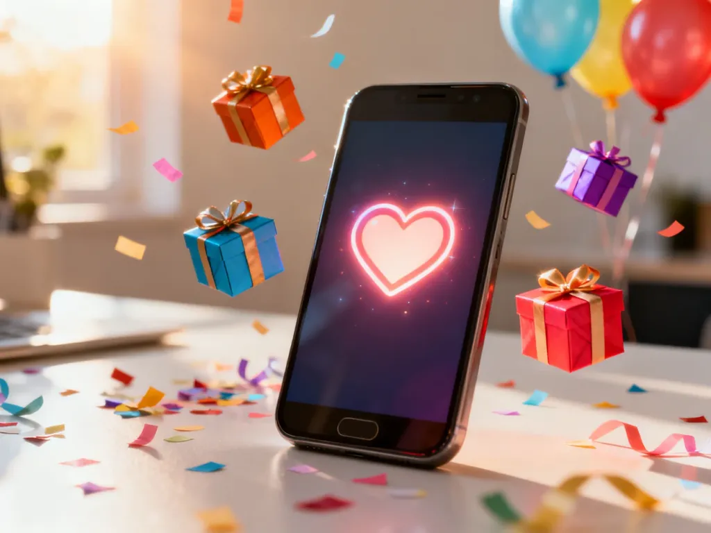 Smartfon z ikoną serca otoczony kolorowymi prezentami, balonami i konfetti, tworzący radosny, urodzinowy klimat.