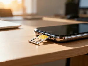Smartfon z otwartą aplikacją do płatności mobilnych leżący na drewnianym stole w słonecznym wnętrzu.