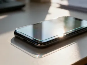 Dłoń trzymająca smartfon z widocznymi ustawieniami sieci na tle lotniska, symbolizująca gotowość do korzystania z roamingu.