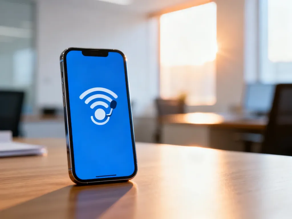 Nowoczesny smartfon z ikoną sygnału na drewnianym biurku, symbolizujący szybki kontakt z obsługą klienta nju mobile.