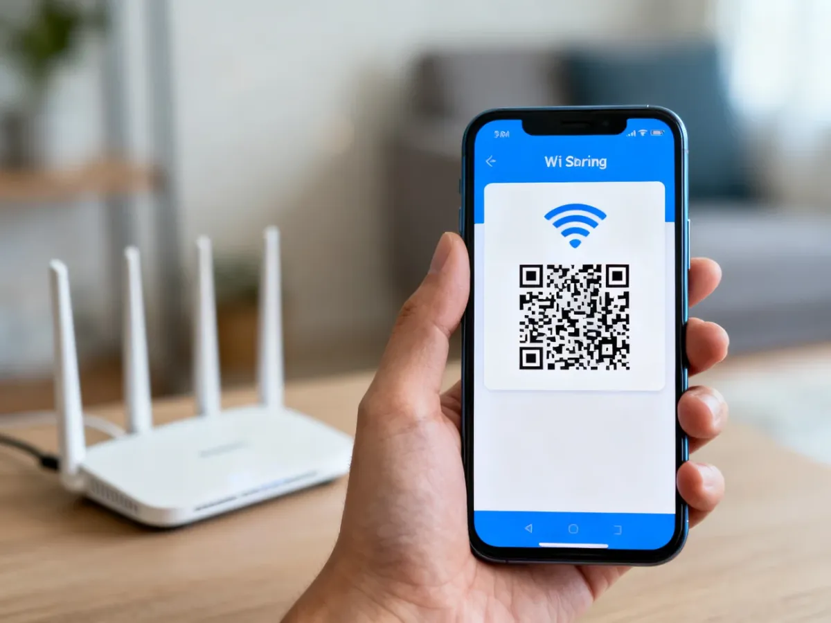 Telefon z Androidem wyświetlający kod QR do udostępniania sieci Wi-Fi