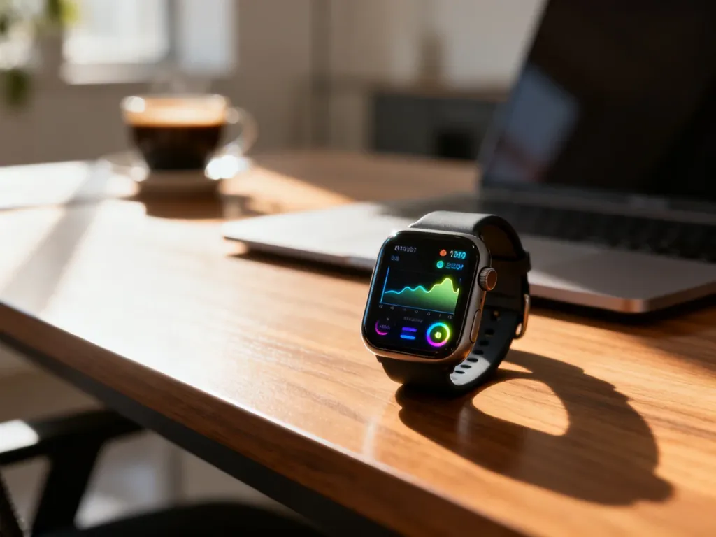 Nowoczesny smartwatch z wyświetlaczem danych fitness leżący na drewnianym biurku w domowym biurze.