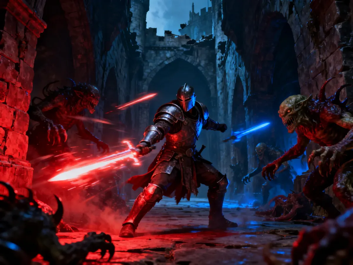 Armored warrior battling monsters in a dark castle