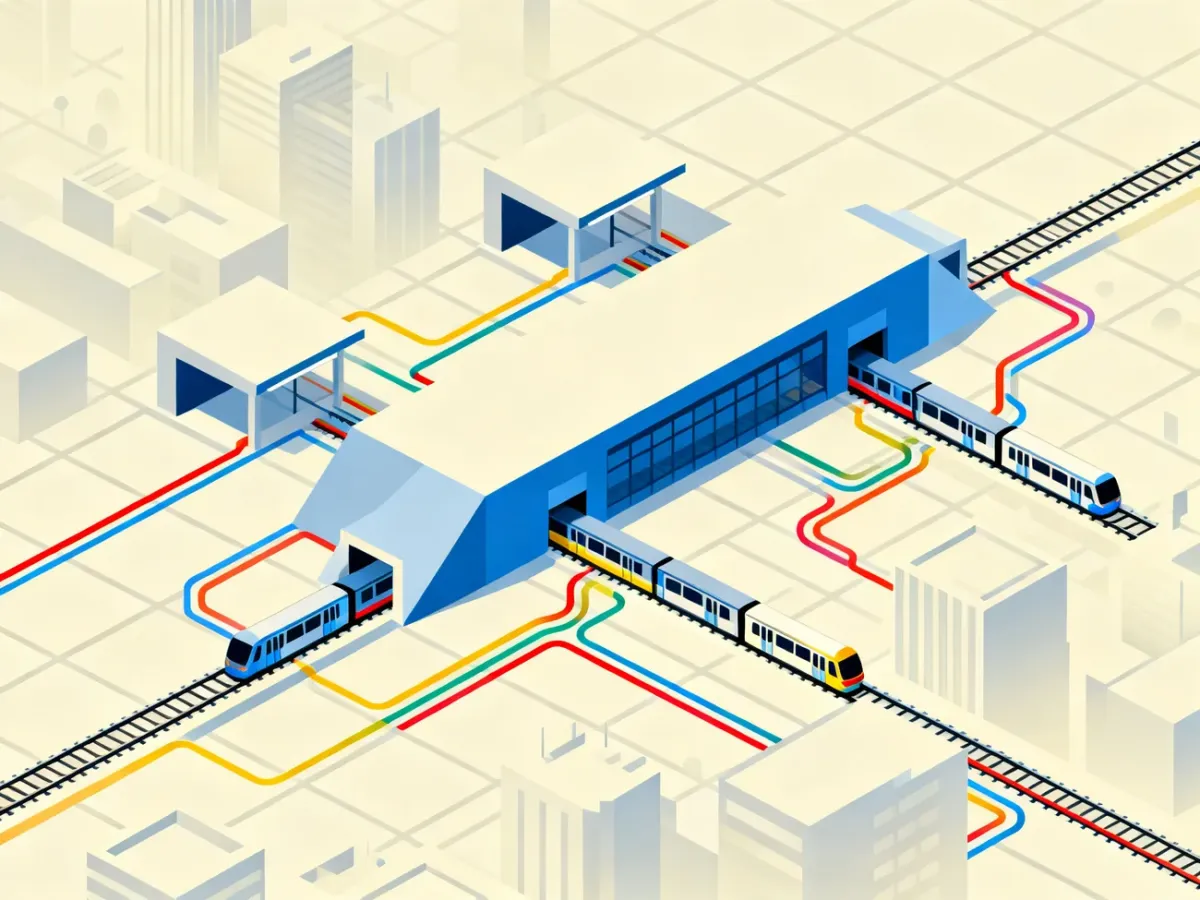 Colorful subway routes connecting stations across a city