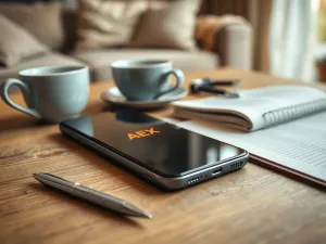 Nowoczesny smartfon na drewnianym biurku z ikoną folderu na ekranie, symbolizujący proces archiwizacji wiadomości SMS.