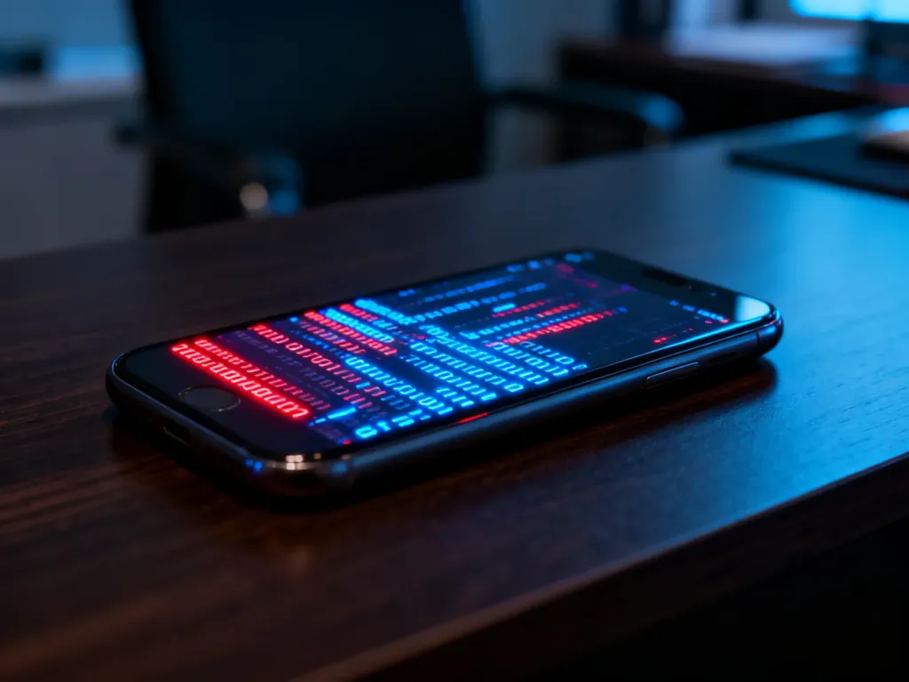 Smartfon na drewnianym biurku z wyświetlonymi cyfrowymi ostrzeżeniami o zagrożeniach i kodem binarnym.