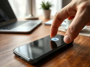 Nowoczesny smartfon leżący na drewnianym biurku, symbolizujący dostęp do ustawień telefonu w celu sprawdzenia numeru.